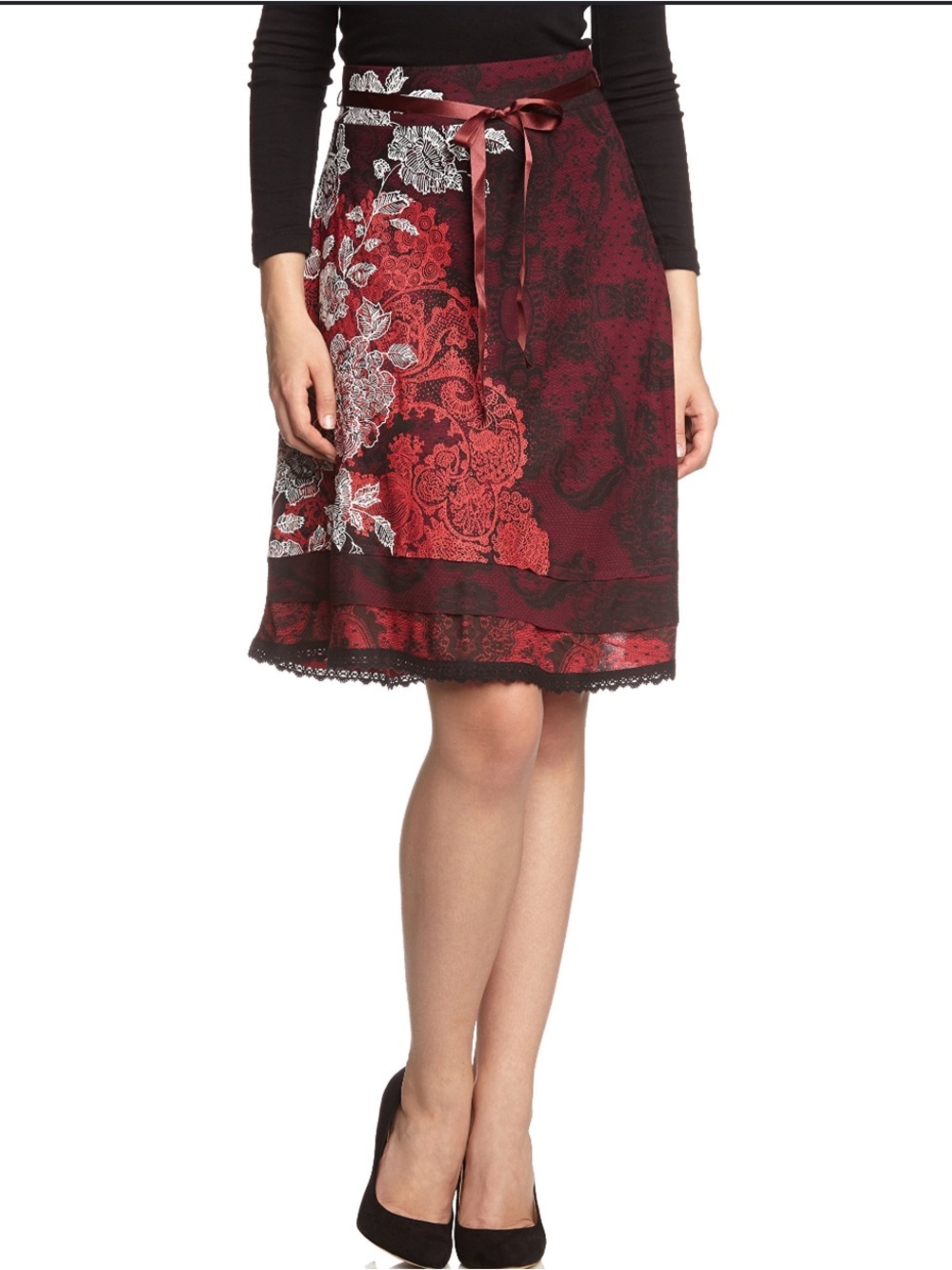 Desigual Red Paisley Print A-Line Midi Skirt with Ribbon Belt